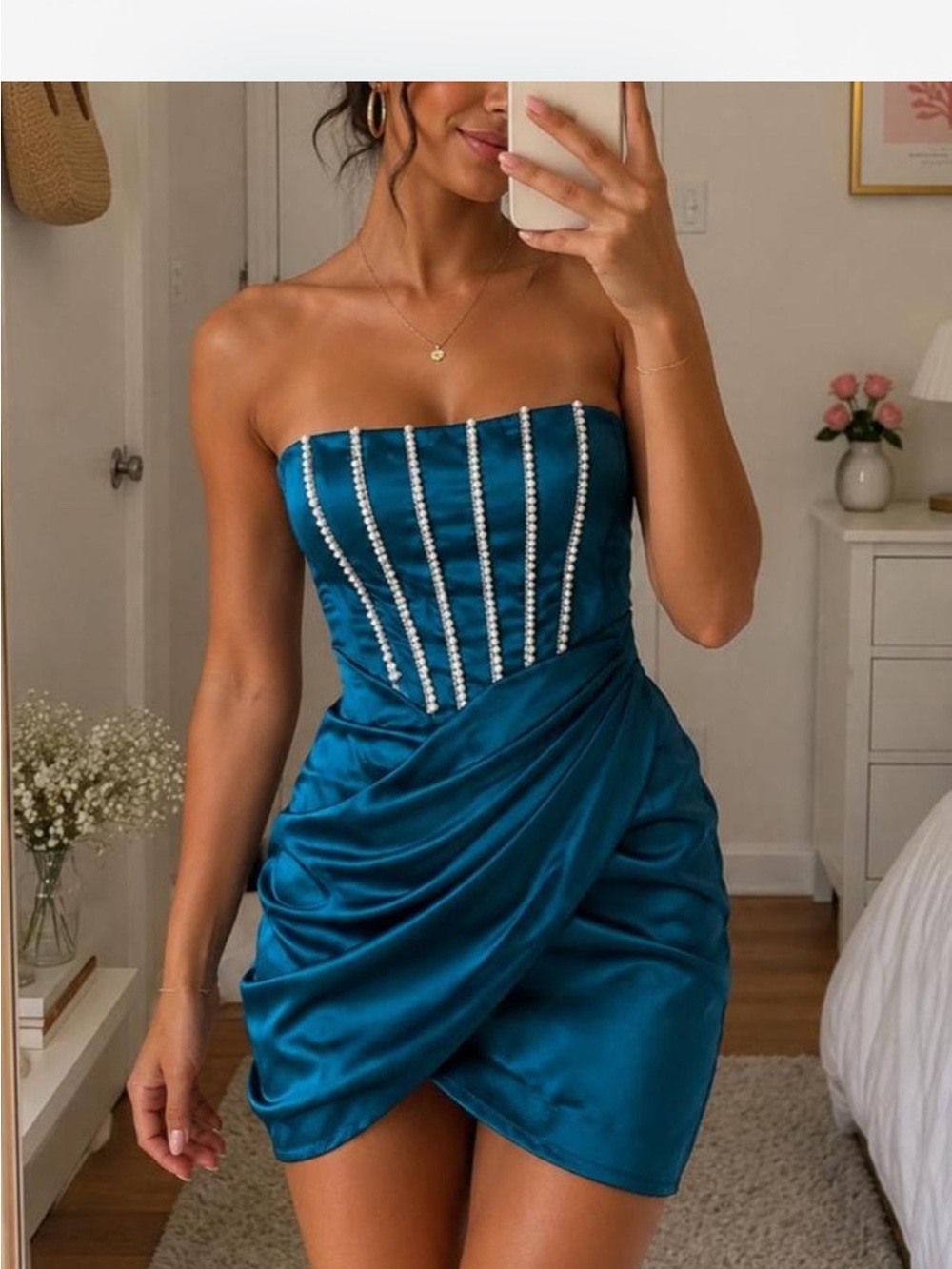 Rare Teal Satin Pearl Strapless Mini Dress | Size Small | Corset Style Y2K Party